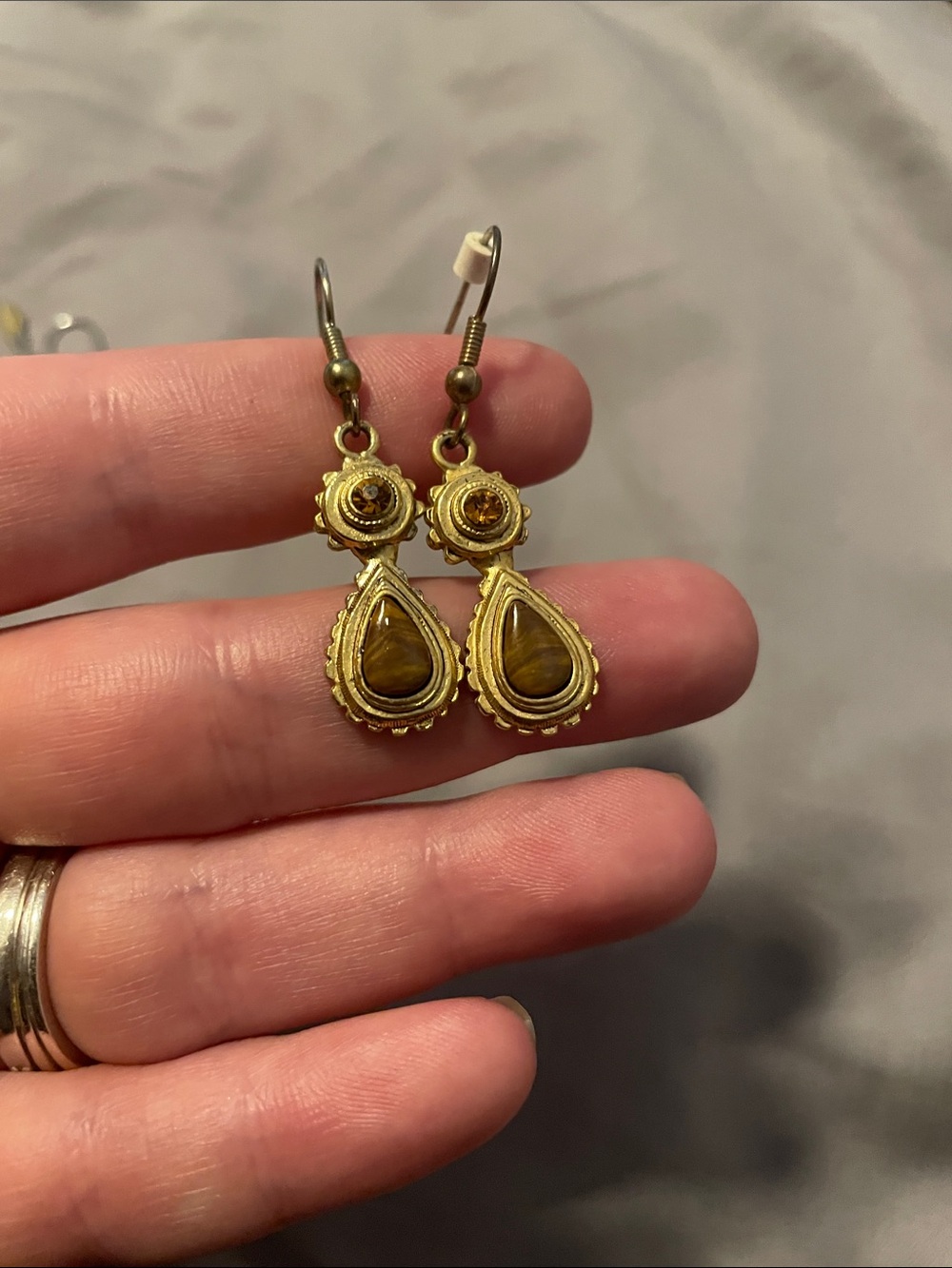 Gold-Tone Teardrop Drop Earrings with Brown Stones